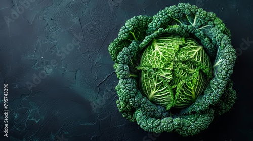   Close-up of broccoli head on black background, displaying green leafy pattern photo