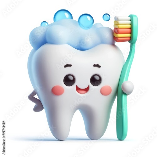 A cute 3D cartoon tooth mascot holding a toothbrush and smiling isolated on white background © BussarinK