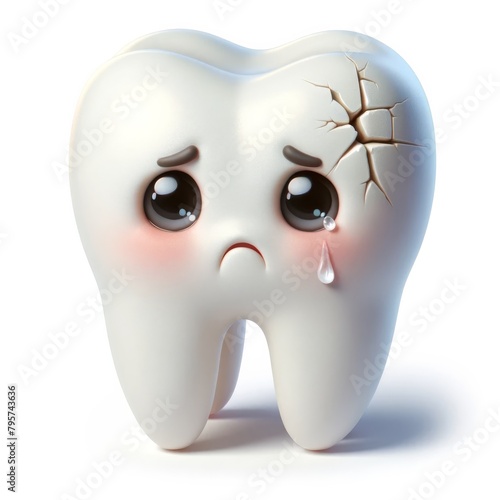 A sad 3D cartoon tooth with a crack on it's surface isolated on white background © BussarinK