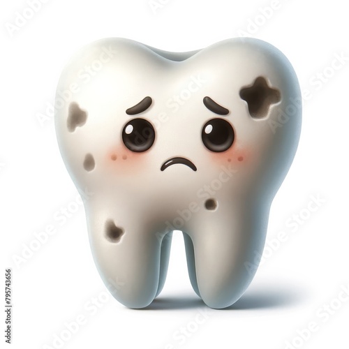 A sad 3D character tooth with a cavity isolated on white background © BussarinK