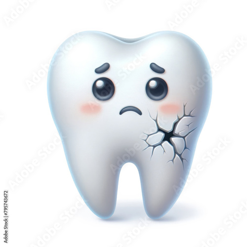 A sad 3D tooth with a crack on its surface isolated on white background