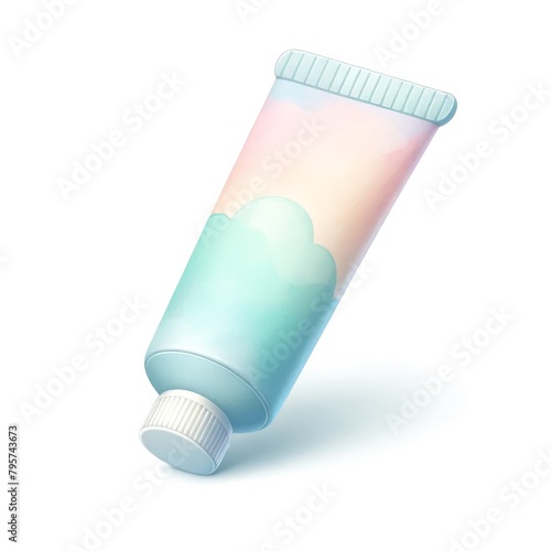 A 3D tube of blue and white toothpaste with a cloud design on it isolated on white background