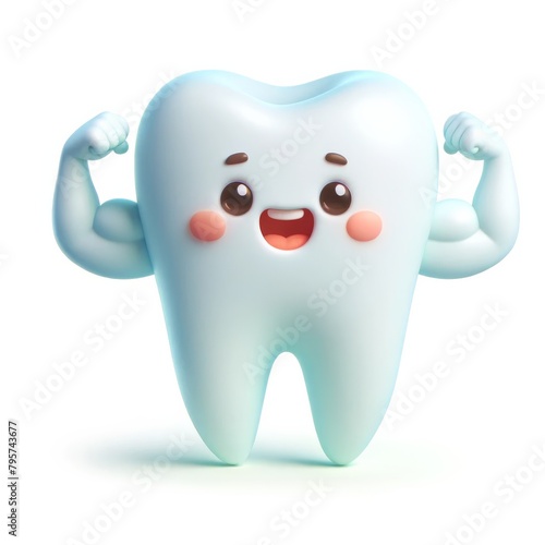A cute 3D strong tooth mascot character flexing its muscles isolated on white background