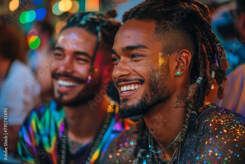 Joyful gay couple celebrating Pride Month with glitter