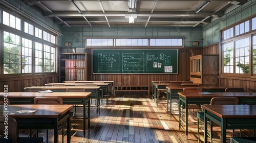 A traditional school classroom setting with rows of desks and a large blackboard at the front