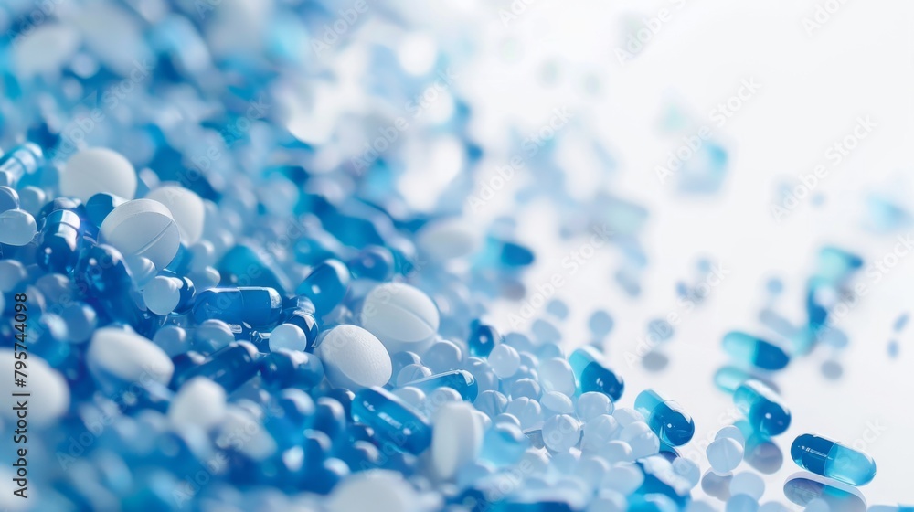blue and white capsules pill spread on white background. Global healthcare. blue and white capsules pill spread on white background. Global healthcare.