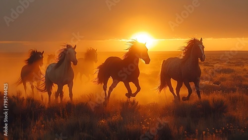 Horses gallop across dusty prairie under setting sun in desert. Concept Wild Mustangs, Sunset Glory, Dusty Prairie, Desert Adventure, Galloping Horses