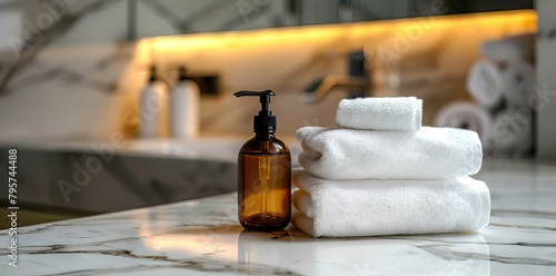 White marble bathroom tabletop with shampoo bottle, towels and copy space for montage your product display over blurred white elegance bathroom in background. AI generated illustration