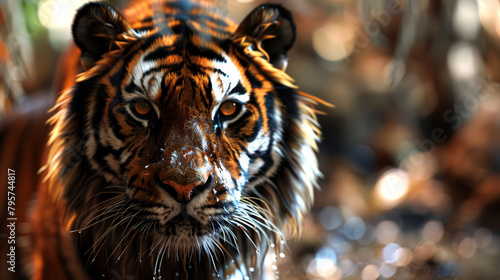  A tight shot of a tiger's face, dotted with water droplets, against a blurred backdrop