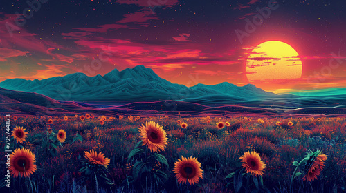 psychedelic style illustration of sunrise in the mountains and sunflower fields