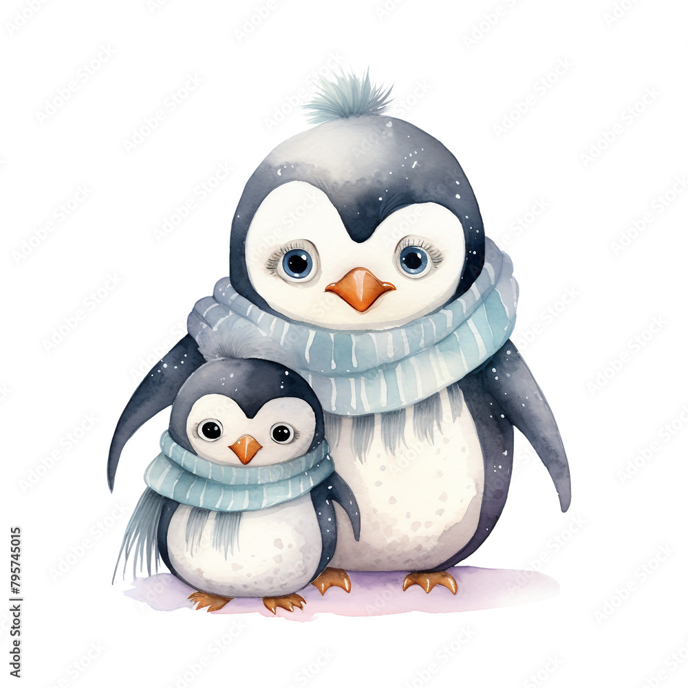 Fototapeta premium A whimsical watercolor illustration of a penguin and its chick dressed in cozy scarves, surrounded by a flurry of gentle snowflakes.