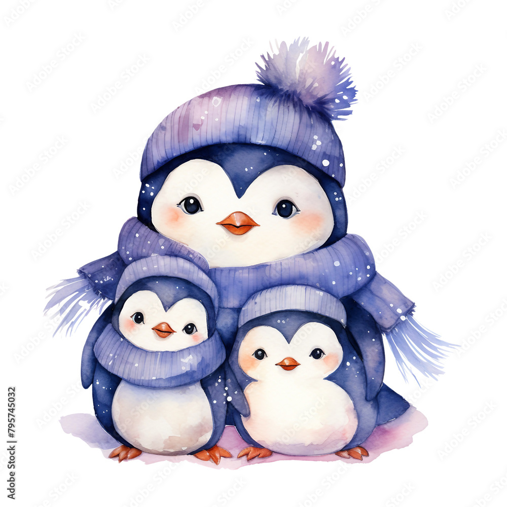 A whimsical watercolor illustration of a penguin and its chick dressed in cozy scarves, surrounded by a flurry of gentle snowflakes. A whimsical watercolor illustration of a penguin and its chick dressed in cozy scarves, surrounded by a flurry of gentle snowflakes.