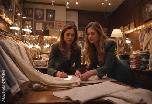 Two women examine fabrics in a cozy store. Their concentration on the textures is apparent.