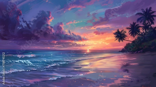 A peaceful beach scene at dusk, with gentle waves lapping at the shore, palm trees swaying, and a vibrant, colorful sky