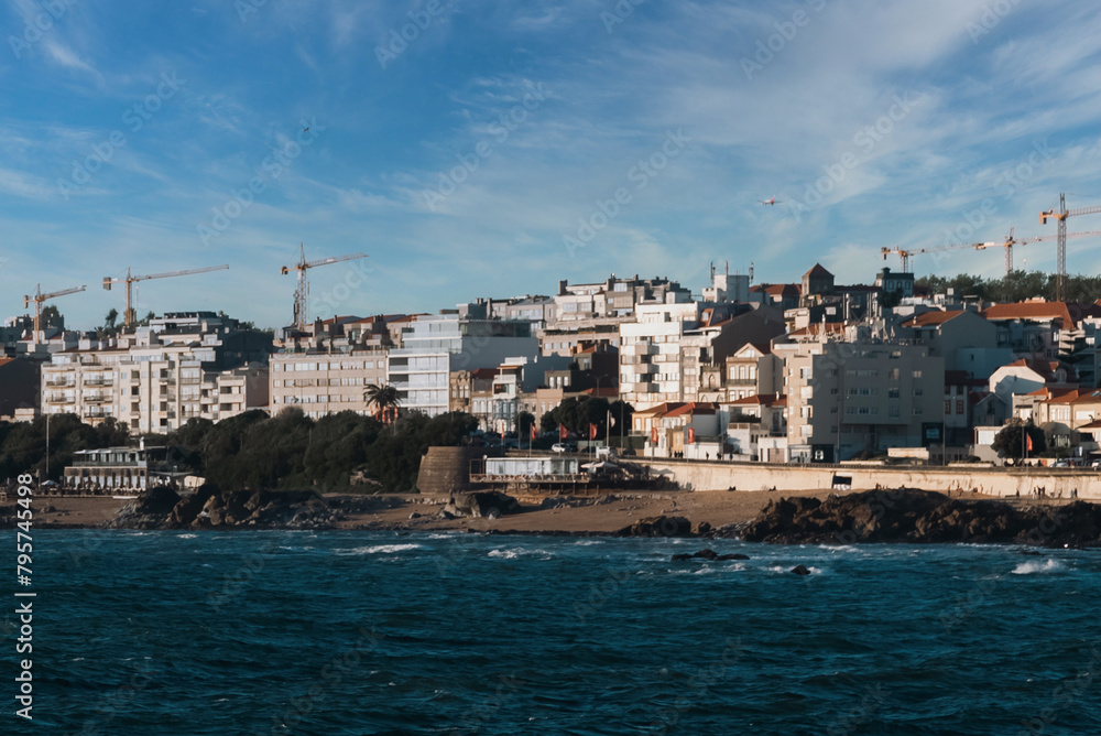 Douro River mouth with beautiful blue water. Oporto, Portugal. 