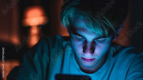 Young man looking at his cell phone at night - using addictive social media / technology