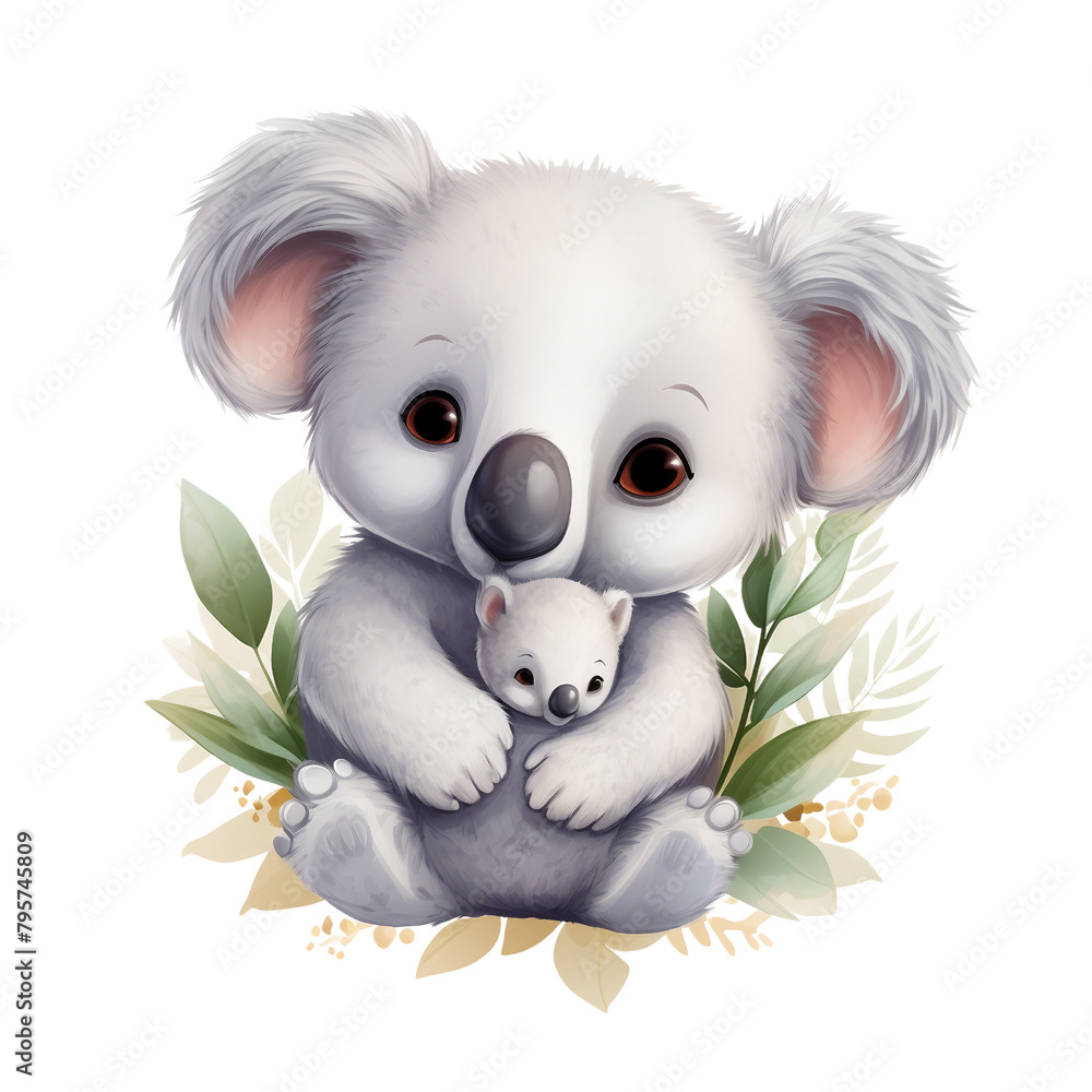 Koala Mother Hugging Baby in Floral Surround Illustration Koala Mother Hugging Baby in Floral Surround Illustration