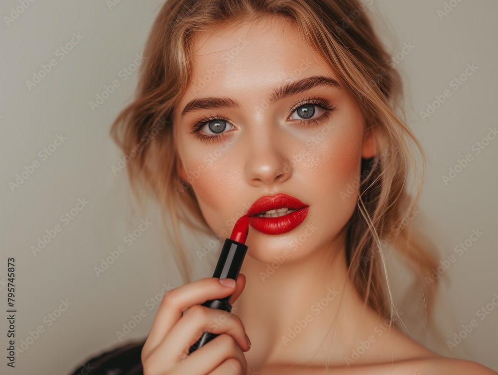 Girl paints lips with lipstick close up portrait. AI generation. Girl paints lips with lipstick close up portrait. AI generation.
