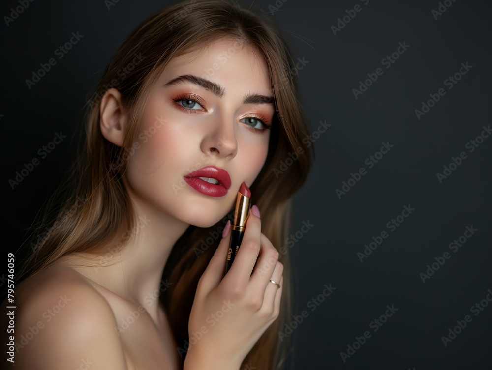 Girl paints lips with lipstick close up portrait. AI generation. Girl paints lips with lipstick close up portrait. AI generation.