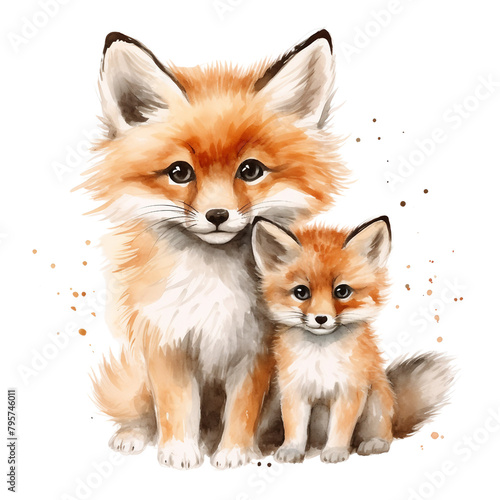 Mother Fox with baby fox Watercolor Illustration © Janie