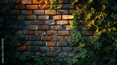 A rustic brick wall with a blend of burnt orange and brown bricks  partially covered in ivy  in a garden during golden hour