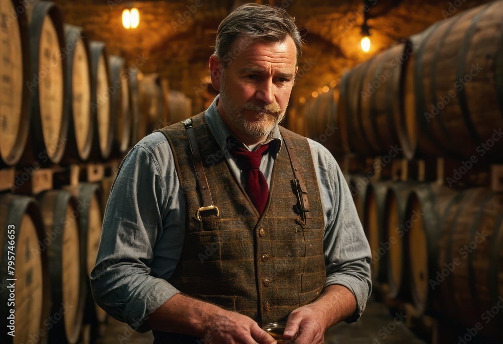 A master brewer contemplates in the barrel cellar. The old-world charm of the winery is palpable. A master brewer contemplates in the barrel cellar. The old-world charm of the winery is palpable.