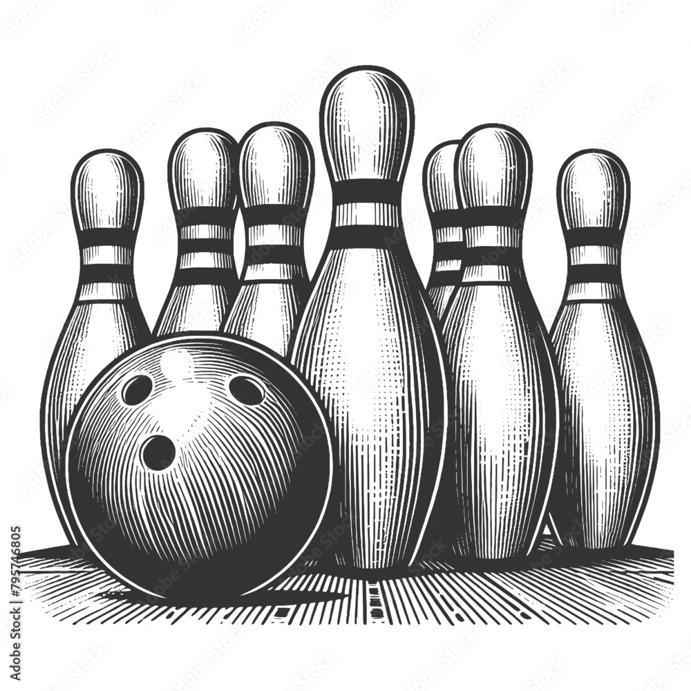 Naklejka premium bowling pins with a single bowling ball, ideal for leisure and sport-themed designs sketch engraving generative ai vector illustration. Scratch board imitation. Black and white image.