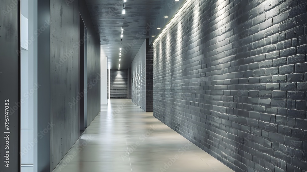 A sleek, monochrome gray brick wall in a contemporary office space, with smooth surface and clean lines
