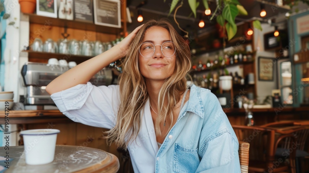 Casual chic style featuring biodegradable denim at a coffee shop, with focus on the outfit details and the relaxed urban environment. Casual chic style featuring biodegradable denim at a coffee shop, with focus on the outfit details and the relaxed urban environment.