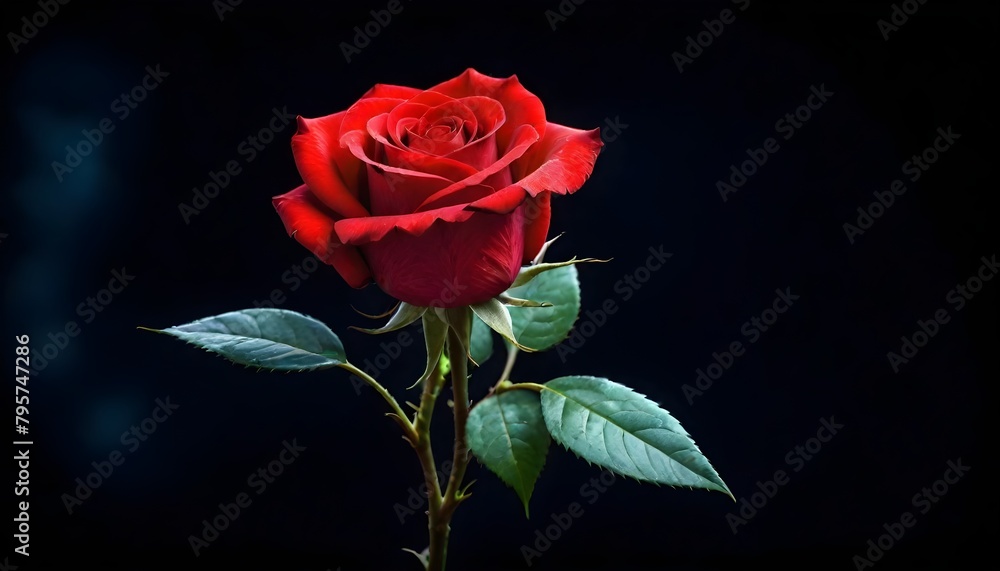 Naklejka premium Single deep scarlet red rose macro close-up on dark black background