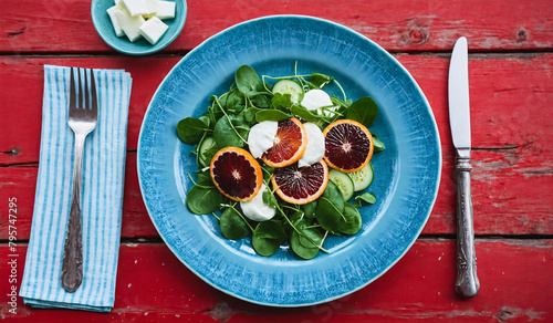Top View of Watercress salad with cucumber, mozzarella and blood oranges next to fork and knife on rustic red wooden background, blue ceramic plate