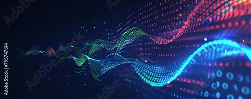 Abstract data visualization background data flow concept with binary code and stripes in blue green red colors on dark navy blue gradient background Generative AI