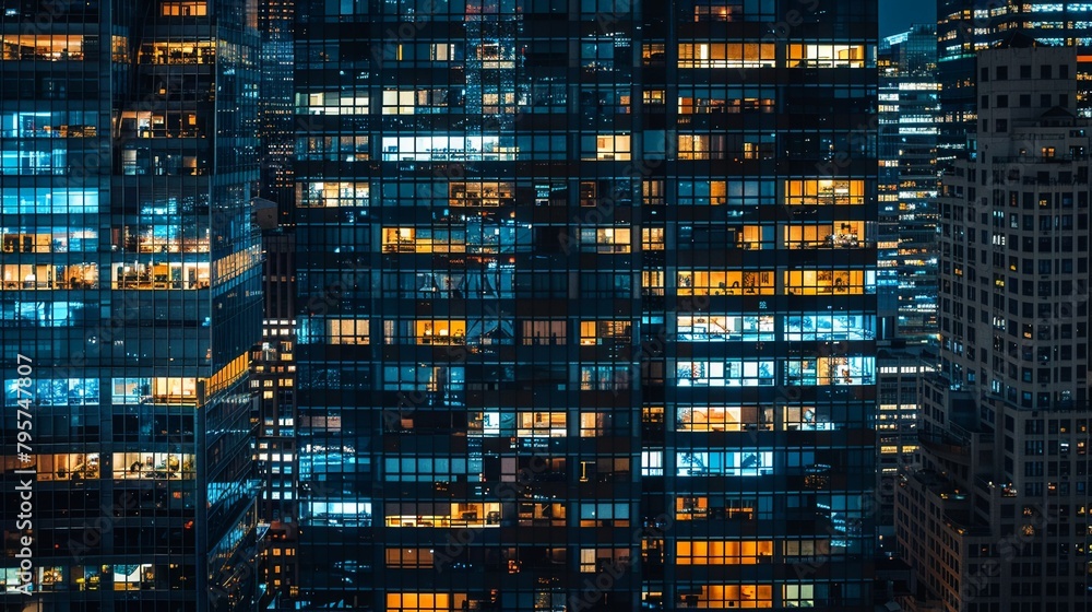A night view of a city s financial district, the illuminated windows in office buildings creating a pattern of resilience.showcasing a mix of office and residential lighting in an urban environment. A night view of a city s financial district, the illuminated windows in office buildings creating a pattern of resilience.showcasing a mix of office and residential lighting in an urban environment.