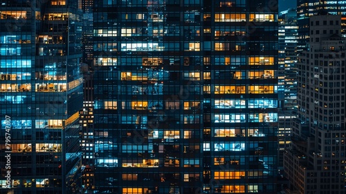 A night view of a city s financial district, the illuminated windows in office buildings creating a pattern of resilience photo