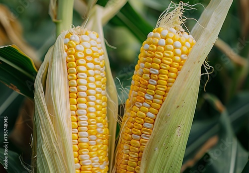 Corn cobs close-up amid corn plantation. Field view