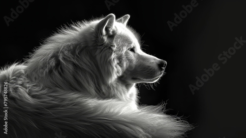  A black-and-white image of a long-haired dog gazing away to the side