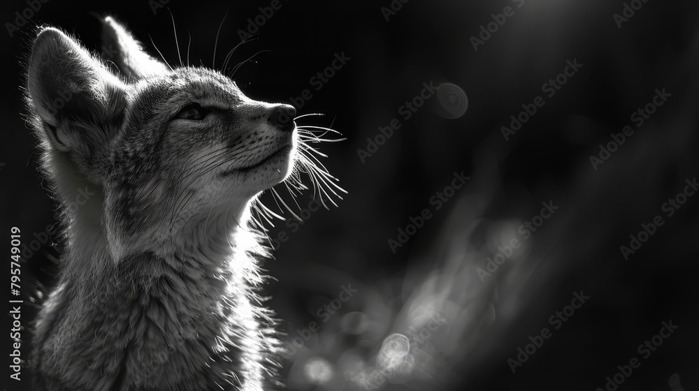 Naklejka premium A monochrome image of a feline gazing skyward with widened eyes