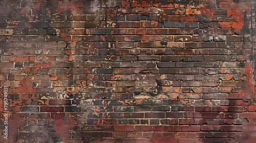 A textured surface of a weathered brick wall with deep red bricks and significant historical wear, in a historical district. photo