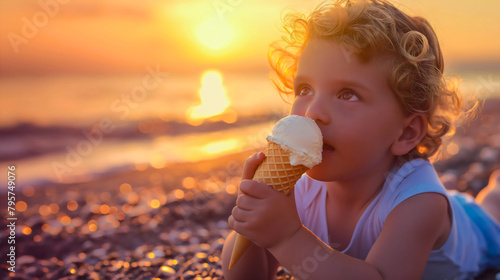 Closeup of little toddler girl holding and eating white vanilla ice cream cone on the sea or ocean sand beach during sunset. Sweet dessert for summer vacation holiday, lick, refreshment, copy space