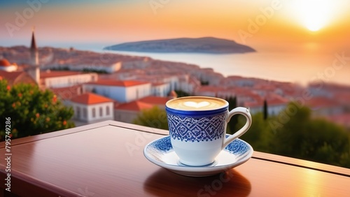 Traditional Turkish coffee on a balcony with a beautiful Turkish Mediterranean city in the background, a cup of coffee or tea on a blurred background of an evening Turkish seascape photo