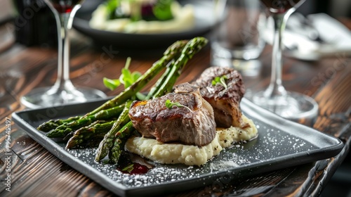 Lamb chops with asparagus on a pillow of red mashed potatoes with a glass of red wine.