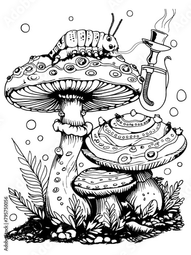 Caterpillar sitting on top of mushroom smoking a hookah, coloring book style. Vector, generative ai.
