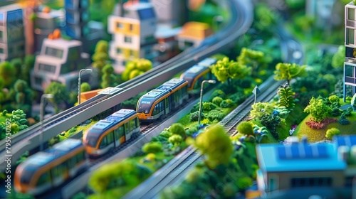 A vibrant HDR image of a tiny futuristic city model focusing on sustainability, with miniature public transit systems, green parks, and small solar panels, all captured using tilt-shift photography