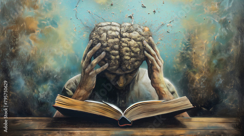 Man reading a book, brain gaining knowledge illustration concept, intellectual mind development, study and learn, psychology growth in wisdom photo