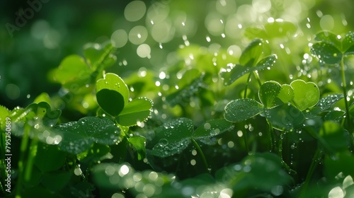 a group of green clovers with water droplets on them