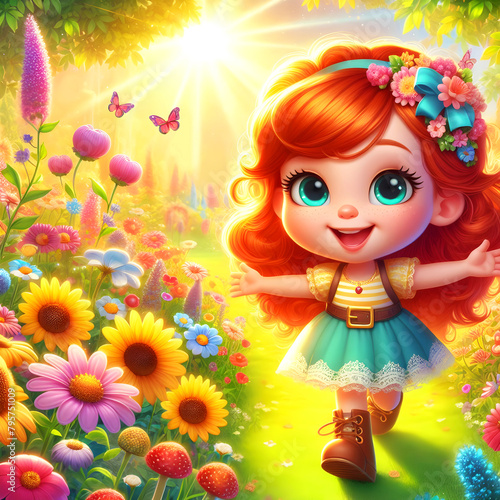 Redhair girl in summer on a path, blooming meadow