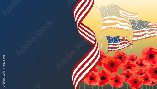 american flag and poppy flowers, USA patriotic banner, background, web, greeting card, poster, holiday cover, label, flyer, layout. Patriotic Social media print for presentation, information