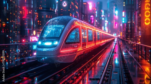 A sleek and futuristic train ride through a neon-lit cityscape.