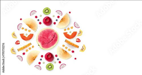 Animation of fruits, watermelon, kiwi,dragonfruit,apple,strawberry,melon,berries,papaya on the white background (ID: 795751276)