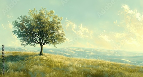 a tree in a field with a sky background